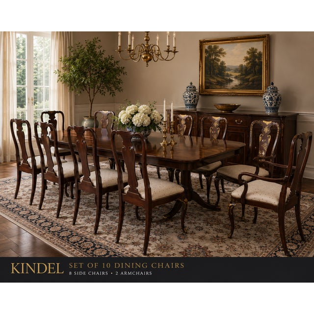 This is an exceptional set of 10 Kindel Furniture Queen Anne dining chairs — 8 side chairs and 2 armchairs — dating to the...