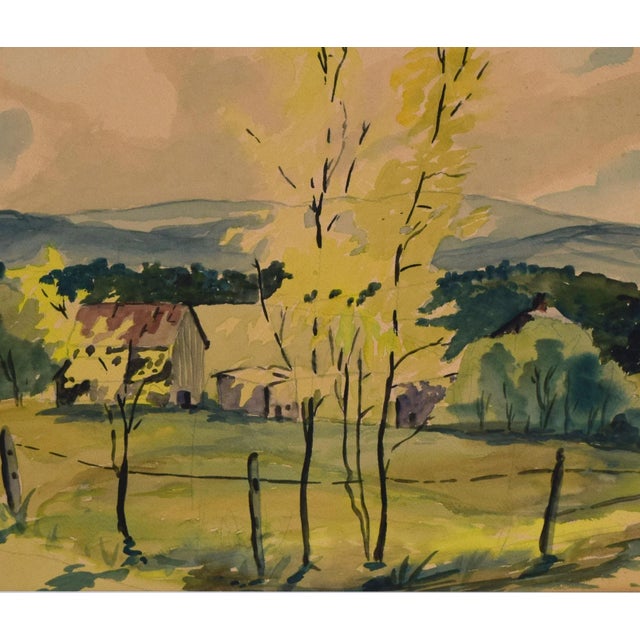 1940s Vintage American Impressionist Watercolor Landscape Painting With Farm by Ralph Williams 1946 For Sale - Image 5 of 9