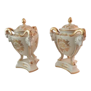 Antique Neoclassical Rosenthal Art Department Germany Rams Head White Gold Gilt Vases Urns With Lids- Set of 2