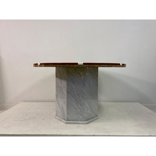 Marble dining table Red marble top with white stone inlay Double skin marble top Carrara marble base 1970s/1980s Italy