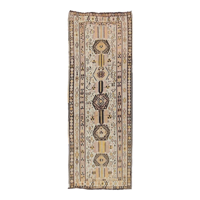 Mid 20th Century Mid 20th Century Vintage Turkish Kilim Gallery Rug With Tribal Design in Brown Pink and Yellow For Sale