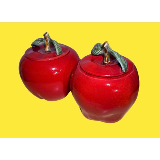 Art Deco 1970s California Ceramic Apples Shaped Storage Canisters - A Pair For Sale - Image 3 of 9