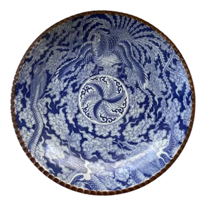 Antique Chinese Decorative Blue and White Charger With Flying Phoenix and Scallop Edges