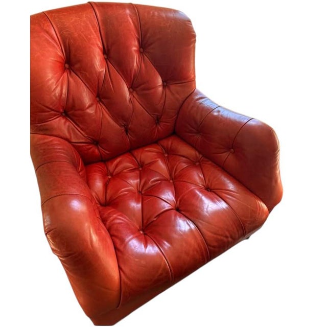 Animal Skin Vintage Thomasville Chesterfield Leather Easy Chair and Ottoman Set For Sale - Image 7 of 12