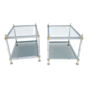 Rectangle Chrome & Brass Smoked Glass Two Tier End Side Tables - A Pair