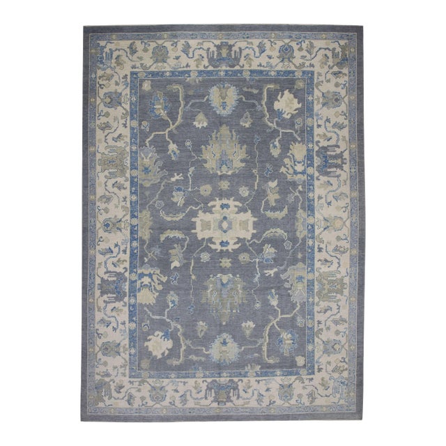 Early 21st Century Gray & Blue Floral Design Handwoven Wool Modern Turkish Oushak Rug 9'9" X 13'11" For Sale