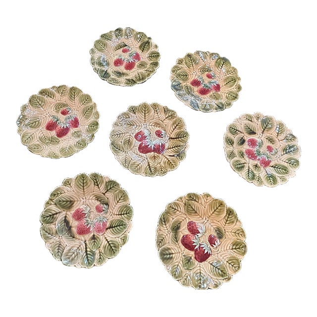 Antique French Majolica Strawberry Plates – Set of 7 For Sale