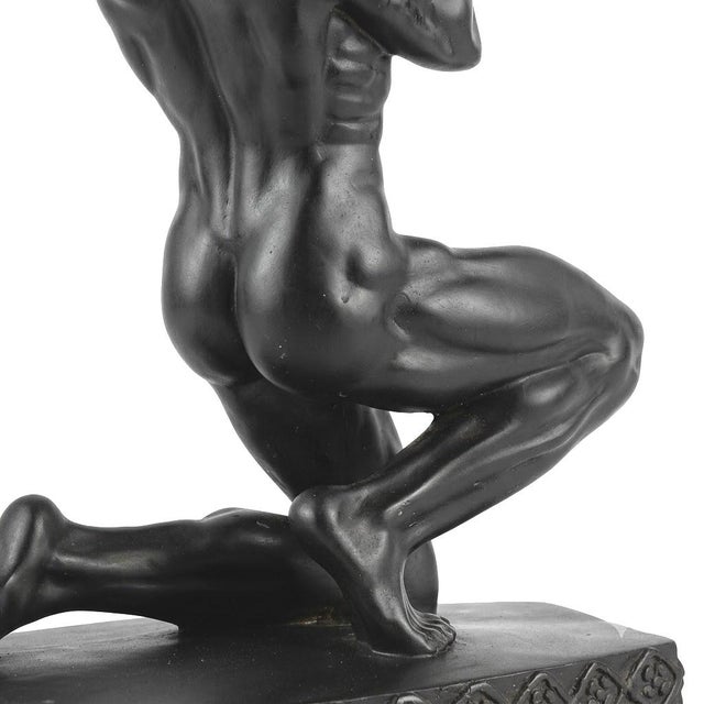 1970s Sculptural Black Figural Table Lamp With Frosted White Globe For Sale - Image 9 of 11