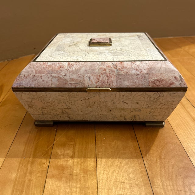 Gorgeous pink and cream polished stone box with hinged top and brass accents. Perfect accessory in any room. No mark,...
