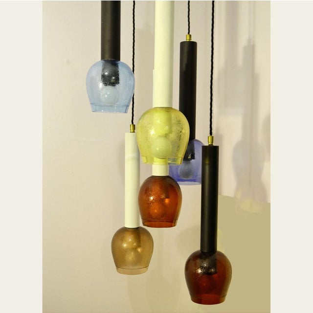 Stilnovo six-tier chandelier with hand blown colorful glass in blue, red, wine, amber, yellow and sky blue color glass,...
