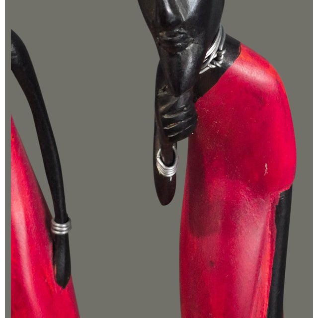 African Figural Couple Carved Painted Wood Tribal Maasi Statuettes For Sale - Image 4 of 10