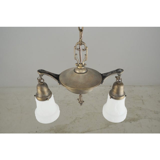 Mid 20th Century Restored Victorian Two Light Brass Pan Pendant Light For Sale - Image 6 of 16