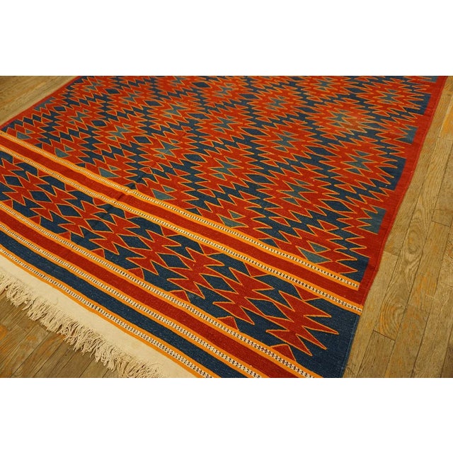 1930s Red Blue Diamond Tribal Antique Indian Cotton Dhurrie Carpet 6' X 9'7" Flatweave Cotton Rug For Sale - Image 12 of 13