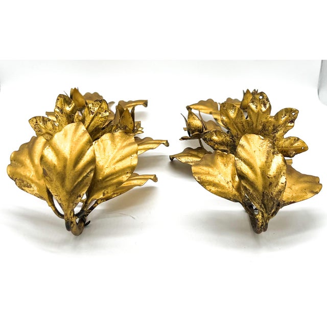 Banci Mid-Century Italian Gilt Metal Floral Wall Sconces, Pair – Hollywood Regency / Italian Florentine For Sale - Image 4 of 11