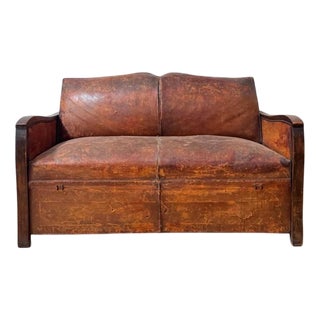 French Leather Mustache Back Sofa Bed, 1930s For Sale