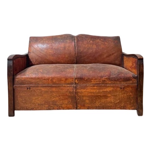 French Leather Mustache Back Sofa Bed, 1930s For Sale