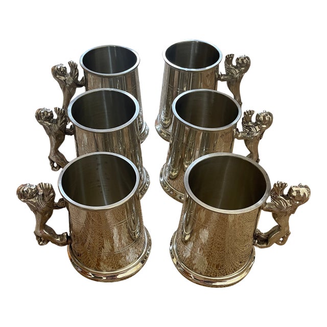 1990s Lion Handle One Pint Pewter Tankard Mugs Handmade in Sheffield England - Set of 6 For Sale