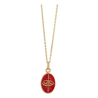 Minimalist Red Enamel Evil Eye Pendant Gold Chain Necklace For Sale