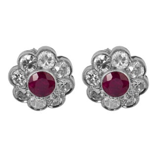 1930s Art Deco Inspired Ruby Diamond Cluster Stud Platinum Earrings, A Pair For Sale