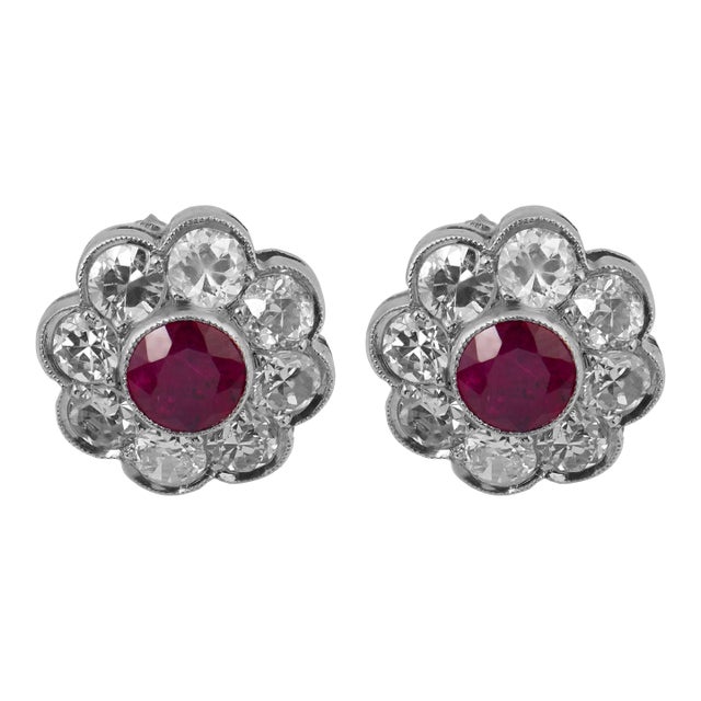1930s Art Deco Inspired Ruby Diamond Cluster Stud Platinum Earrings, A Pair For Sale