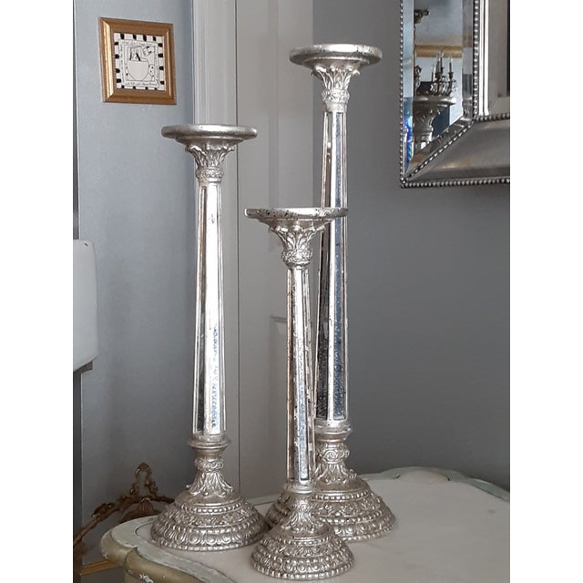 Trio of Antiqued Silver Mirrored Tall Candle Holders Set of 3 Chairish