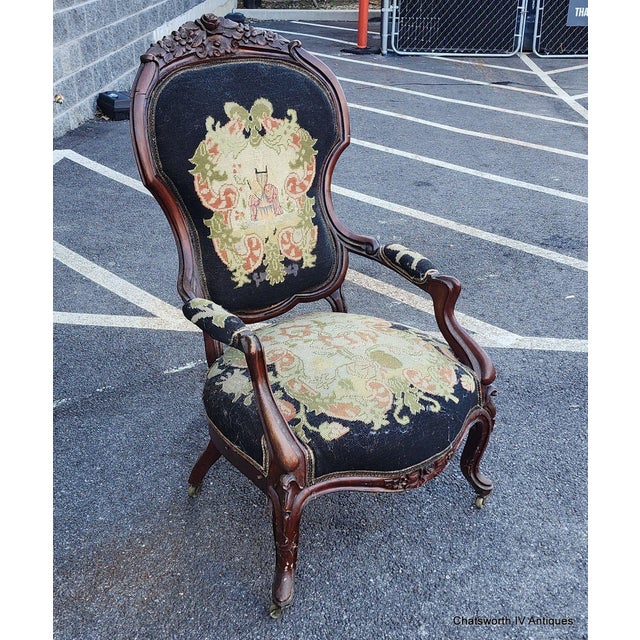 Wood Antique Quality Carved Mahogany Victorian Era Needlepoint Parlor Chair, C1870 For Sale - Image 7 of 10