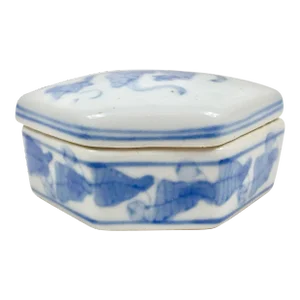 Vintage Small Hexagonal Blue and White Trinket Box