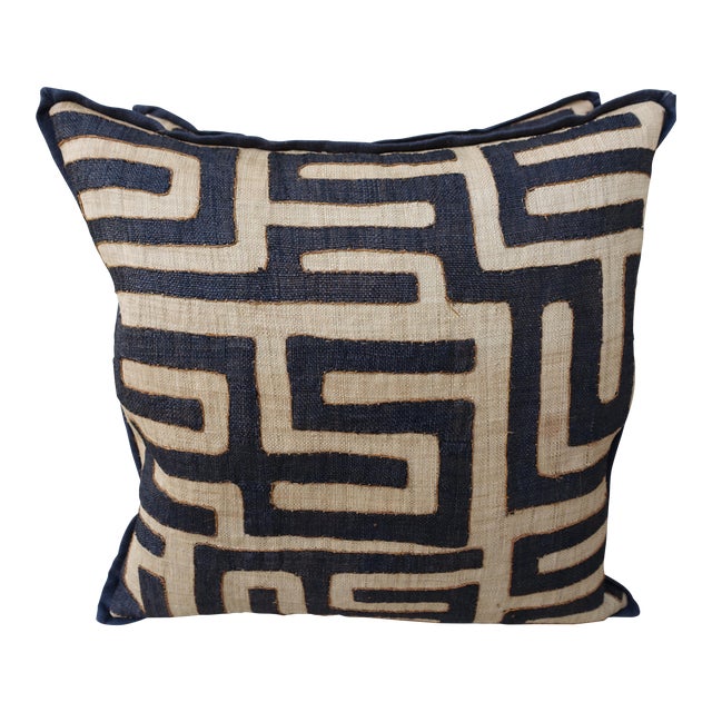 Large Square Black And Tan African Kuba Cloth Pillows Pair