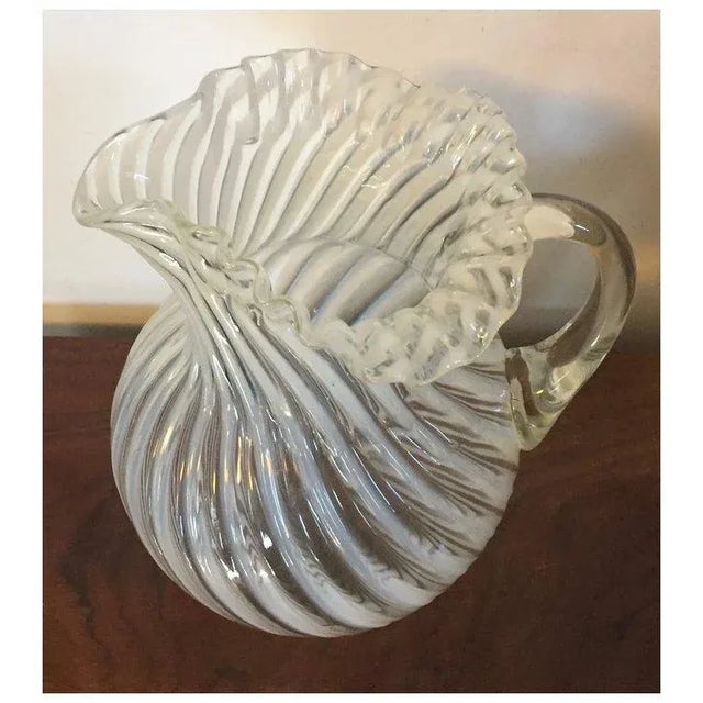 American Antique 19th Century American Opalescent White Swirl Glass Pitcher With Ruffled Rim For Sale - Image 3 of 12