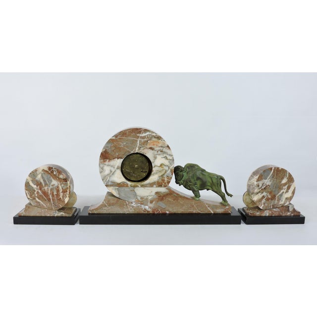 Metal 1930s Art Deco Mantel Clock 3 Piece Garniture Set Marble With Bronze Bull For Sale - Image 7 of 10