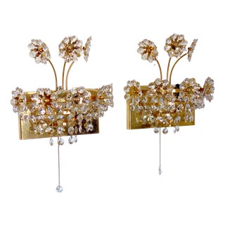 Antique Brass Lead Crystal Wall Lamps from Weinfurtner, 1970s, Set of 2 For Sale