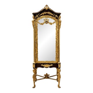 Opulent French-Style Vitrine Cabinet – Gilded Gold Leaf Details, Tufted Interior & Glass Shelves For Sale