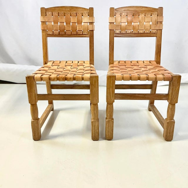 Rustic Cinco De Mayo - 1970s Brutalist Boho Chic Mexican Ceruse Oak & Leather Strap Dining Chairs - A Pair. For Sale - Image 3 of 13