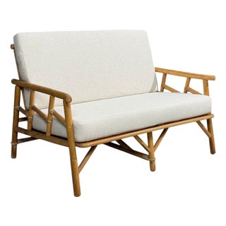 Ficks Reed, Two Seater Sofa, Bamboo, Cane, White Fabric, Usa, 1950s For Sale