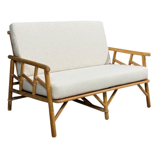 Ficks Reed, Two Seater Sofa, Bamboo, Cane, White Fabric, Usa, 1950s For Sale