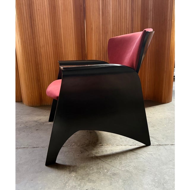 Postmodern Black Plywood Sofa with Burgundy Velvet Upholstery, 1980s For Sale - Image 3 of 7