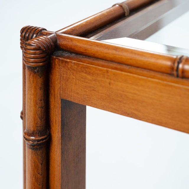 Brown Art Deco Bamboo Style Carved Oak and Cut Glass Side Tables, 1930s, Set of 2 For Sale - Image 8 of 9