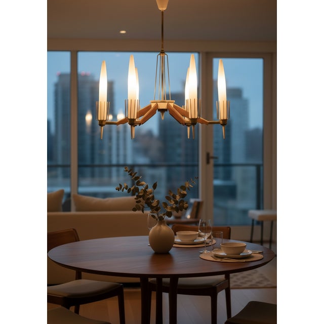 Vintage Italian Walnut Veneer and Opaline Glass Six-Light Chandelier, 1950s For Sale - Image 4 of 18