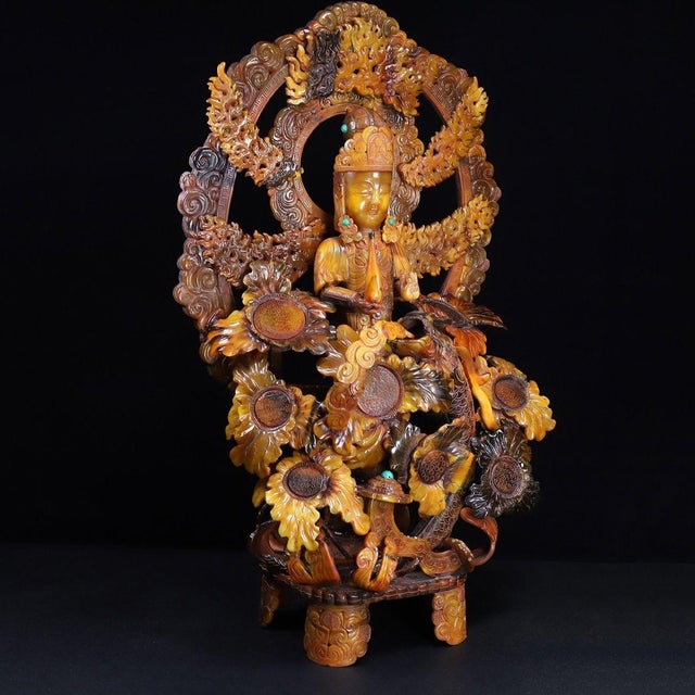 Traditional Late 19th Century Large Carved Faux Horn Bodhisattva Riding Dragon Sculpture For Sale - Image 3 of 10
