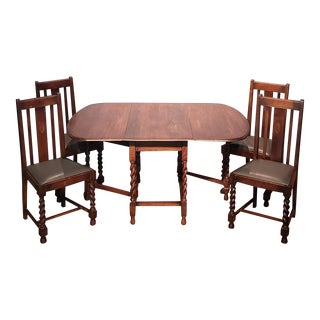 1910s Antique English Gateleg Drop Leaf Dining Set with Four Chairs - Set of 5 For Sale