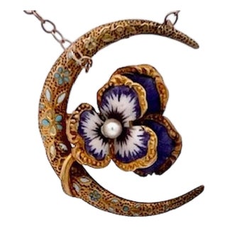 Art Nouveau Antique Pansy Pendant Necklace With Crescent Moon Design For Sale