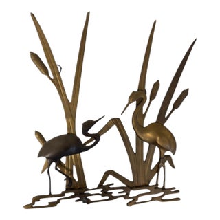 Elegant Brass Heron and Cattail Wall Art Sculpture For Sale