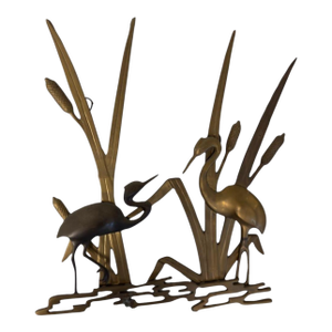 Elegant Brass Heron and Cattail Wall Art Sculpture