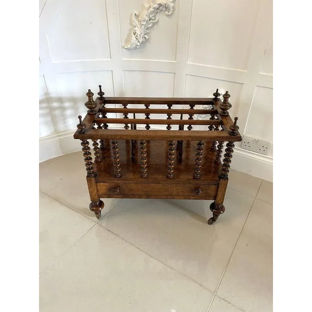 Large fine quality antique victorian burr walnut canterbury having six turned solid walnut finials to the top, burr walnut...