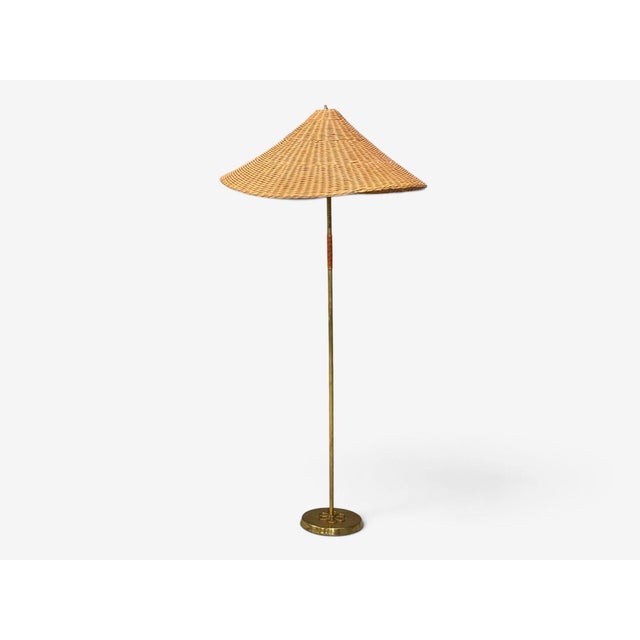 V. Soini Oy, Rare Floor Lamp, Brass, Leather, Rattan, Finland, 1950s For Sale - Image 13 of 13
