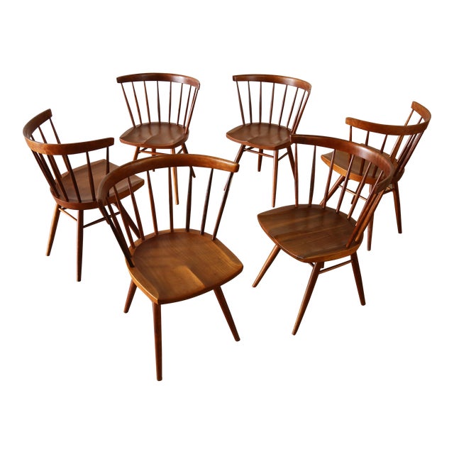 1960s Set of 6 George Nakashima Studio Style Straight Back Chairs Solid Cherry For Sale