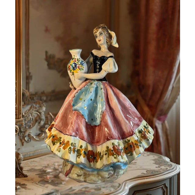 Traditional Large 16 In. Tall Mid-Century Italian Porcelain Woman Holding a Water Jug For Sale - Image 3 of 16
