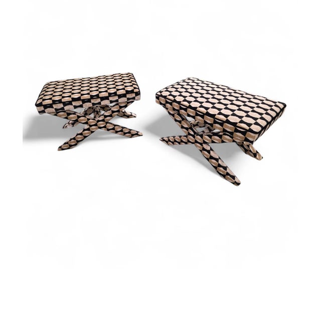 Mid-Century Modern Mid Century Modern Designer X Base Ottomans/Benches Newly Reupholstered- Pair For Sale - Image 3 of 5