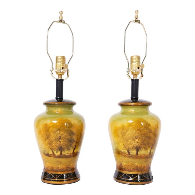 Pair of Antique Late 19th Century English Reverse Painted Table Lamps For Sale