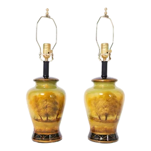 Pair of Antique Late 19th Century English Reverse Painted Table Lamps